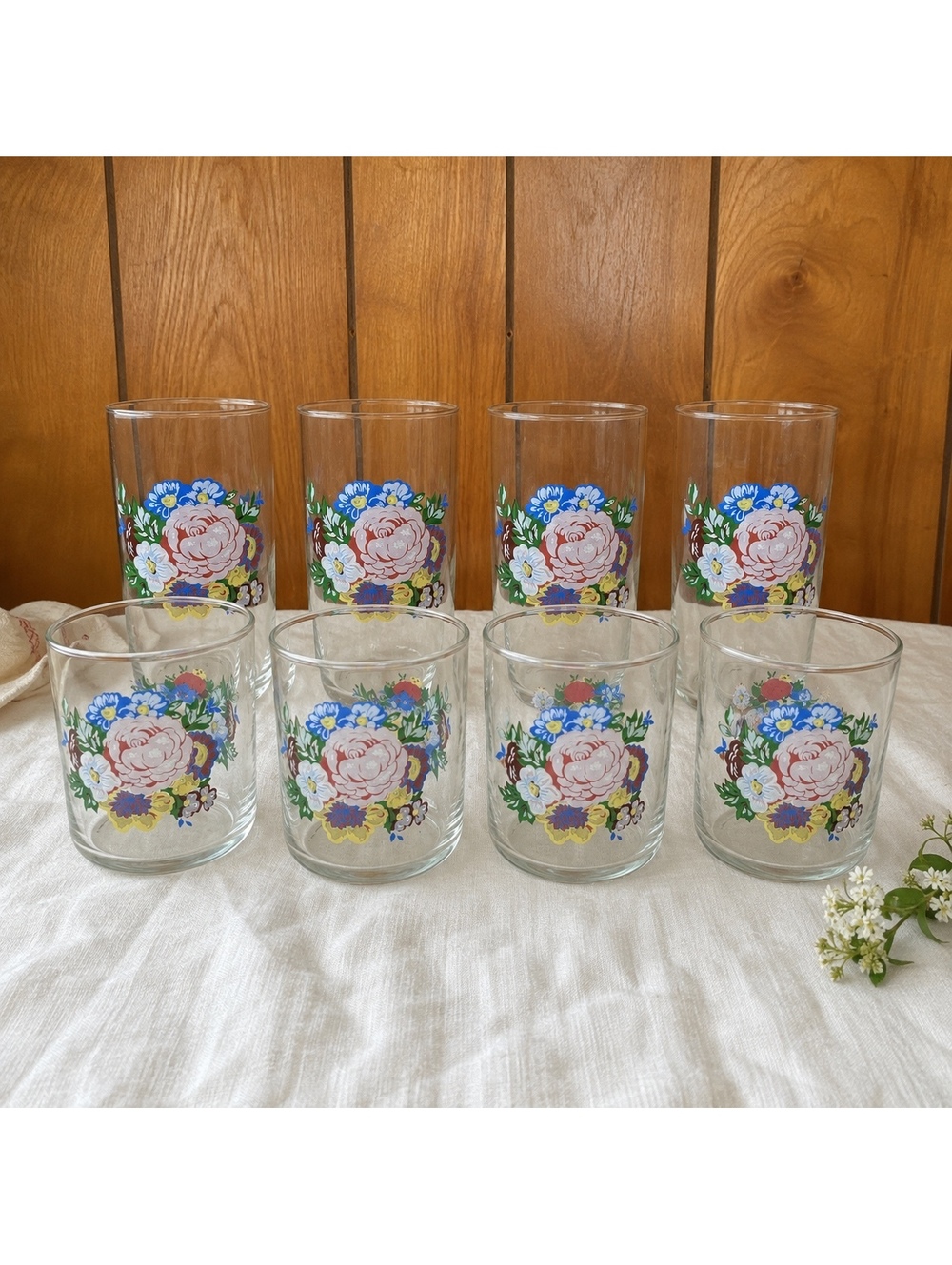 Vintage Floral Drinking Glasses Set of 8 Libbey Style Tumblers Juice Glasses